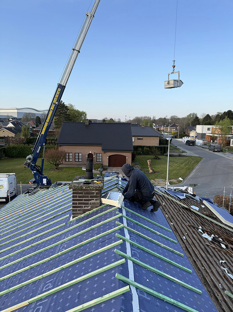 Tijdens de dakwerken in Ninove, plaatsing van onderdak en nieuwe lattenstructuur.